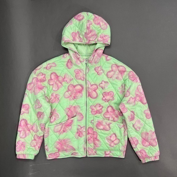 Vintage Other - Blanketed Abstract Floral Print Hooded Zip Up Quilted Jacket